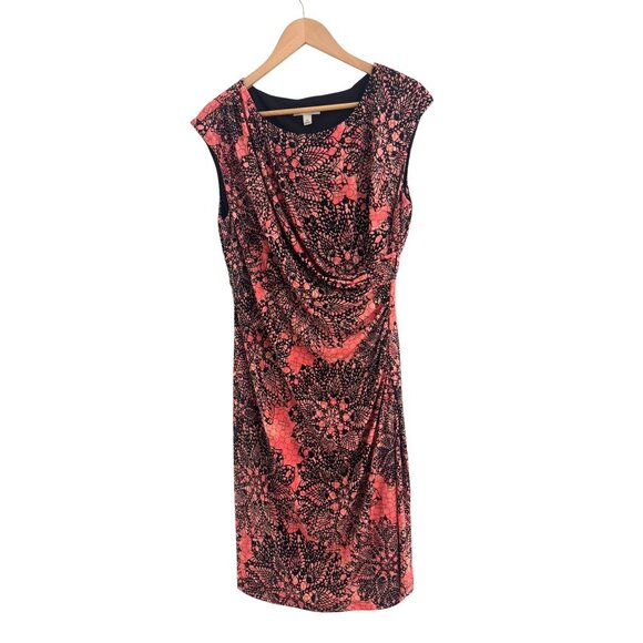 Dressbarn Coral Black Medallion Print Draped Ruched Sheath Dress Size 14 Summer - Picture 7 of 7